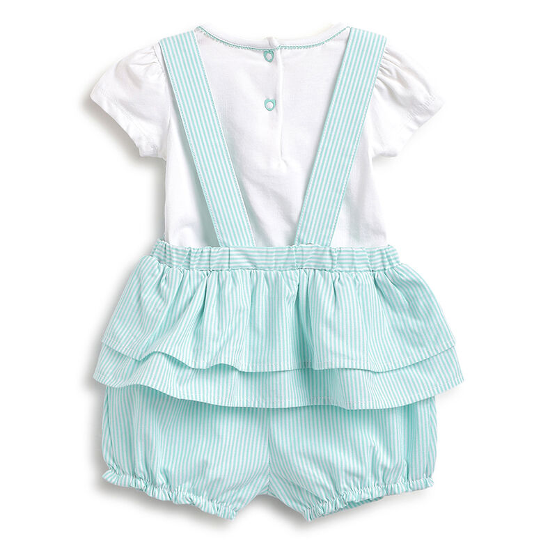 Girls White and Light Blue T-shirt with Short Overalls image number 1